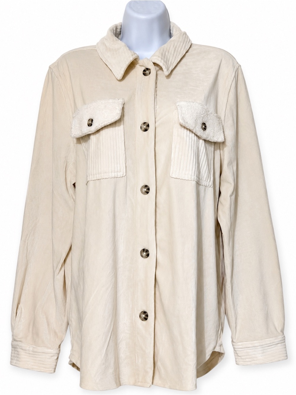 BearPaw Women Cream Corduroy Sherpa-Trim Front Button Shacket Jacket Size L